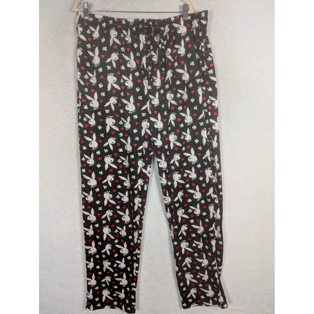 Playboy Lounge Pants Men's XL Black Iconic Bunny Logo Hearts Spades Clubs